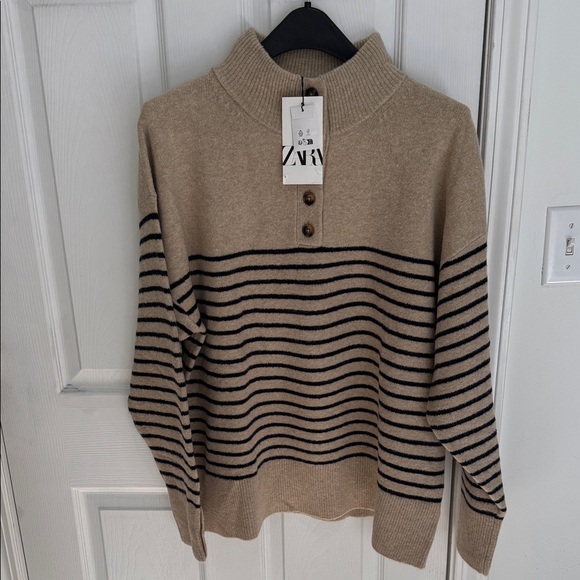 Zara Sweaters - *NEW* Zara Basic Knit Mock Neck Sweater, Tan, Black Stripes, Size XL